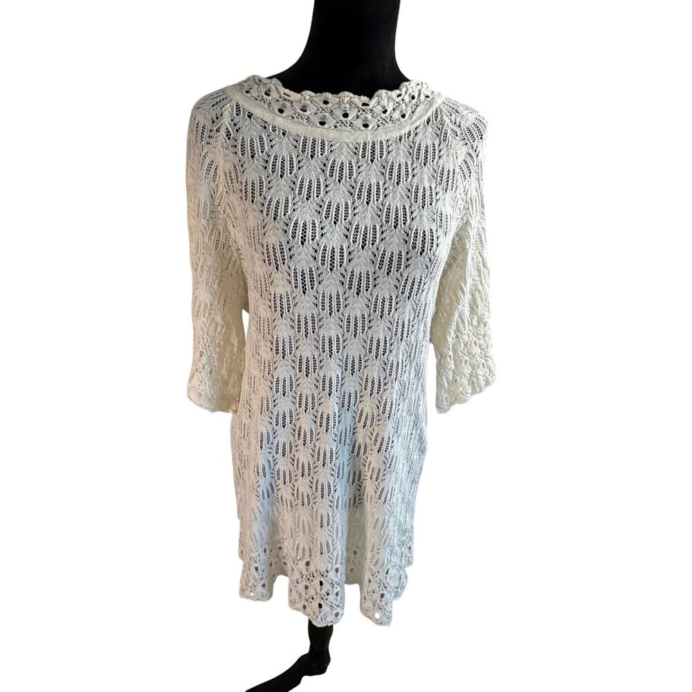 Vintage Hippie Boho Cottagecore Crochet-Like Cotton Cream Tunic Dress L